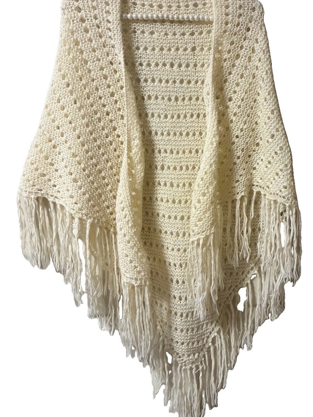 Cream handmade vintage Crochet Fringe shawl